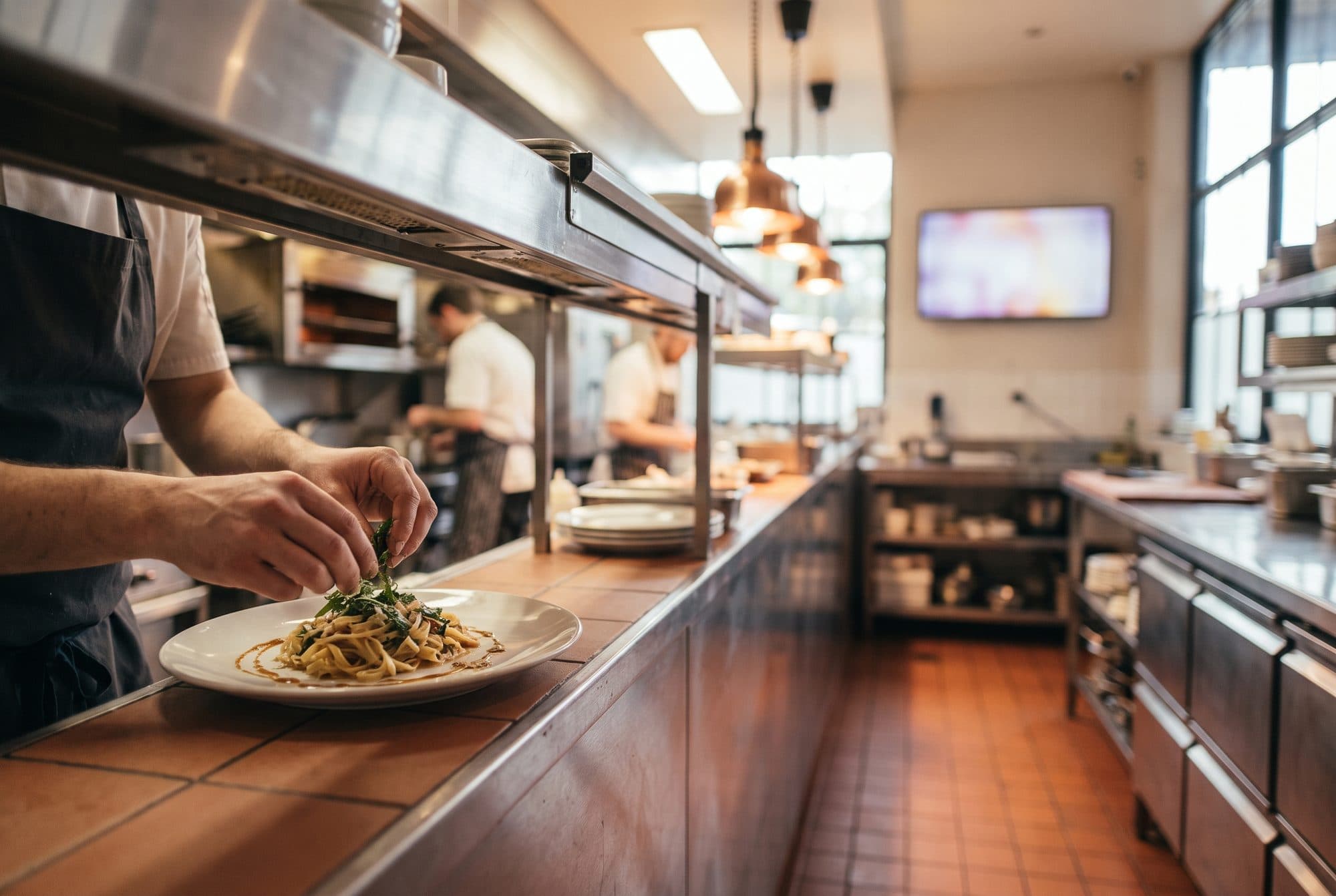 Cuoco che impiatta della pasta al passe di una cucina professionale, con un monitor sfocato sul fondo