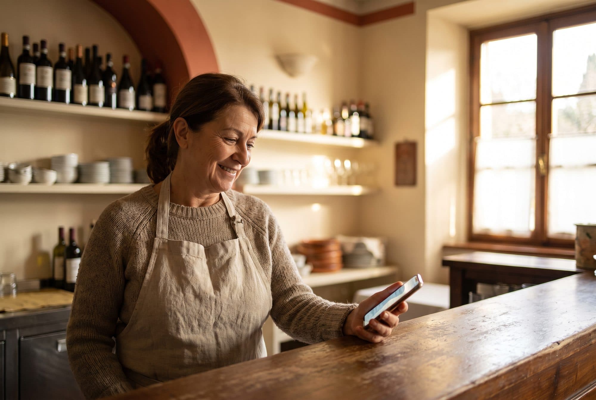 Titolare di una trattoria dietro il bancone che guarda lo smartphone prima dell'apertura